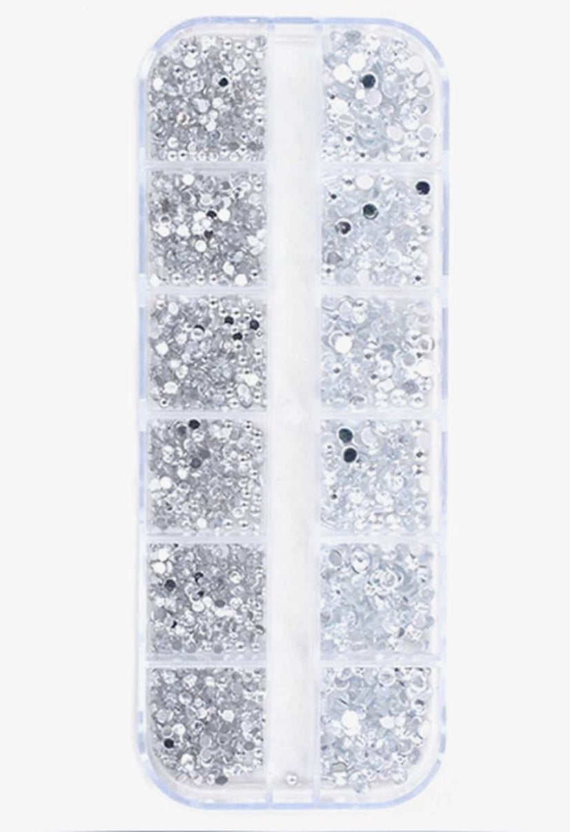 Silver Rhinestone Nail Art Box - mixed sizes