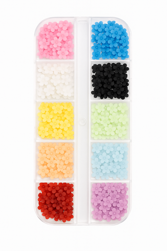 🌼 12-Grid 3D Acrylic Flower Nail Charms – Mixed Colours