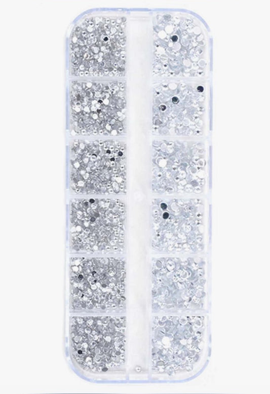 Silver Rhinestone Nail Art Box - mixed sizes